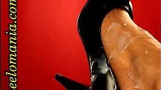 Massive cumshot on sexy high heel shoes and pantyhosed feet porn video